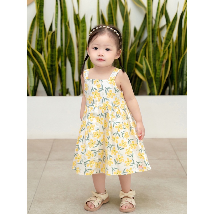 Váy Bé Gái CARROT Hai Dây, Họa Tiết Hoa Vàng, Chất Liệu Thô Cotton Thấm Hút Mồ Hôi Tốt