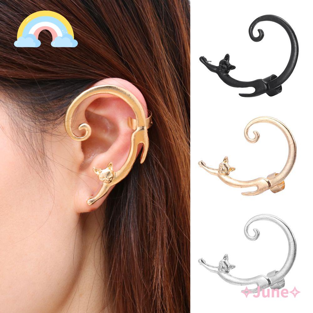 JUNE Bông Tai Dạng Kẹp Hình Mèo Hoạt Hình Bằng Hợp Kim Thời Trang Cho Nữ