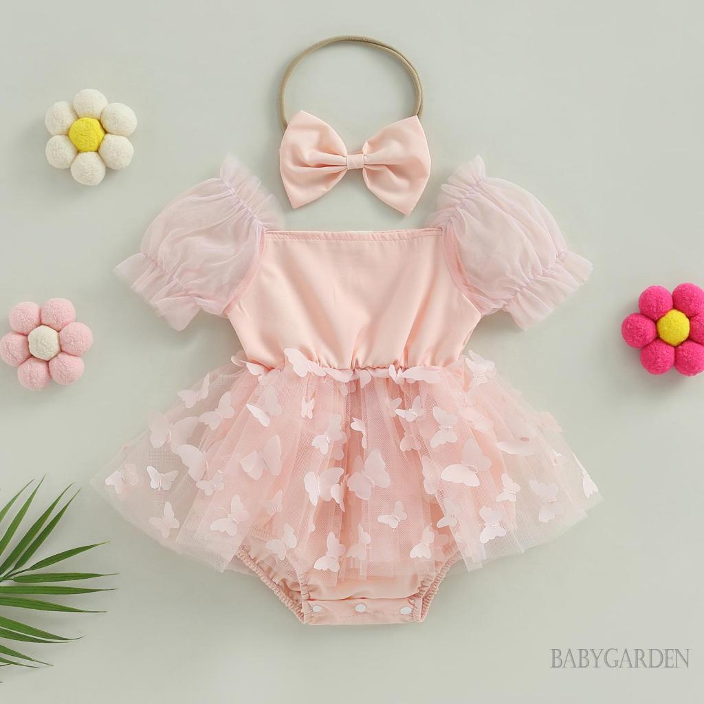 Bộ Áo Liền Quần Tay Phồng In Họa Tiết Bươm Bướm Kèm Băng Đô Dành Cho Bé Gái