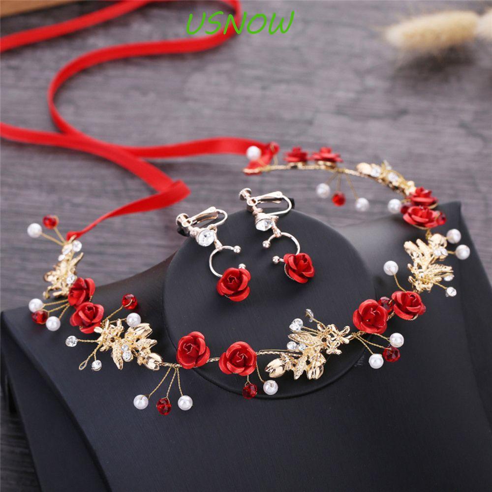 USNOW Bộ Trang Sức Cài Tóc Hình Vương Miện Đính Ngọc Trai Và Hoa Hồng Handmade Dành Cho Cô Dâu