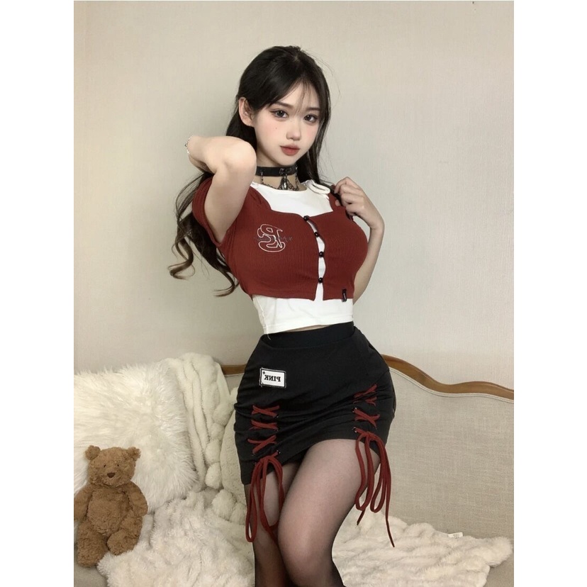 Áo Thun Ngắn Tay Giả Hai Lớp Phong Cách Hàn Quốc Cho Nữ