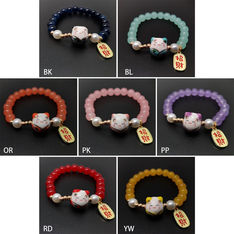 Vòng Tay Chuỗi Hạt Sứ Hình Mèo May Mắn Nhiều Màu