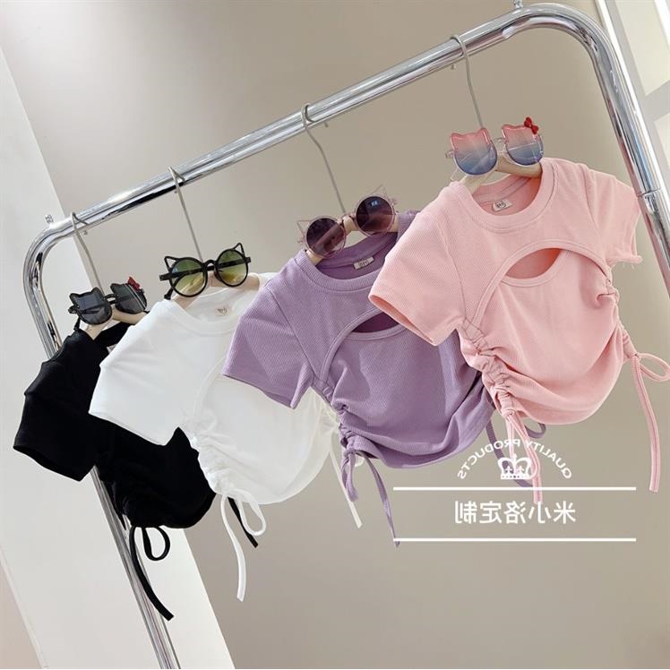 Áo Thun Tay Ngắn Phối Dây Rút Màu Sắc Trơn Phong Cách Hàn Quốc Thời Trang Mùa Hè Xinh Xắn Cho Bé Gái