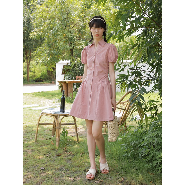 Váy sơ mi hồng tay bồng bo eo dáng ngắn size S M L XL hàng thiết kế YAM MiNi STORE