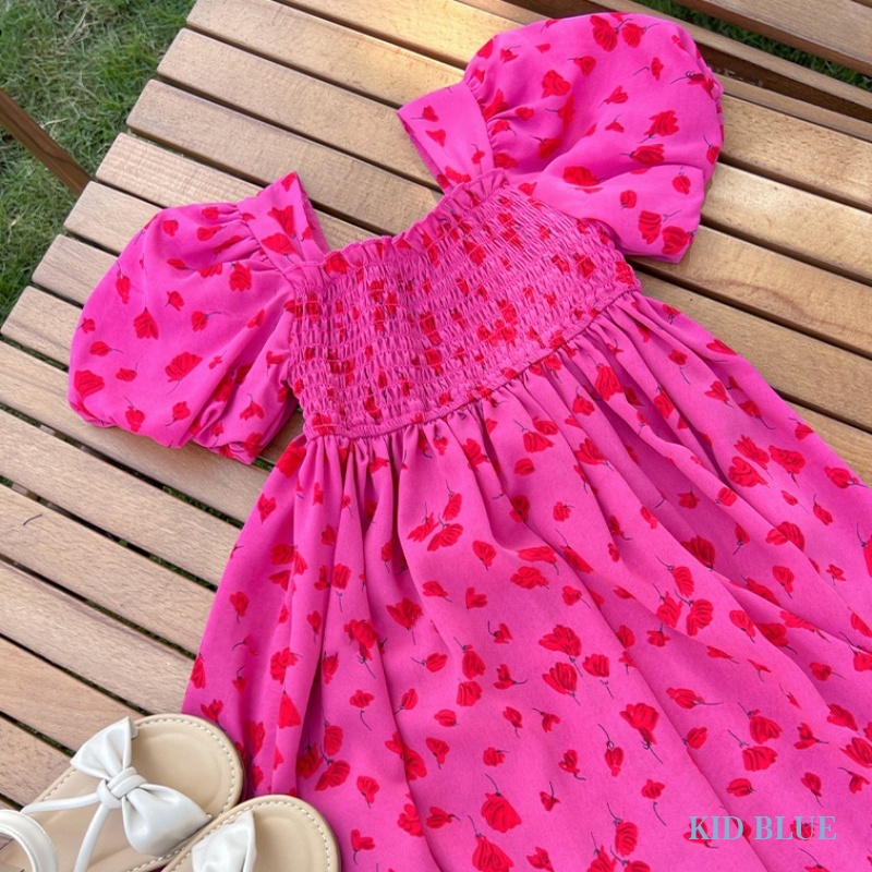 Đầm Tay Phồng Cổ Vuông Xếp Ly In Họa Tiết Thời Trang Mùa Hè Hàn Quốc Cho Nữ