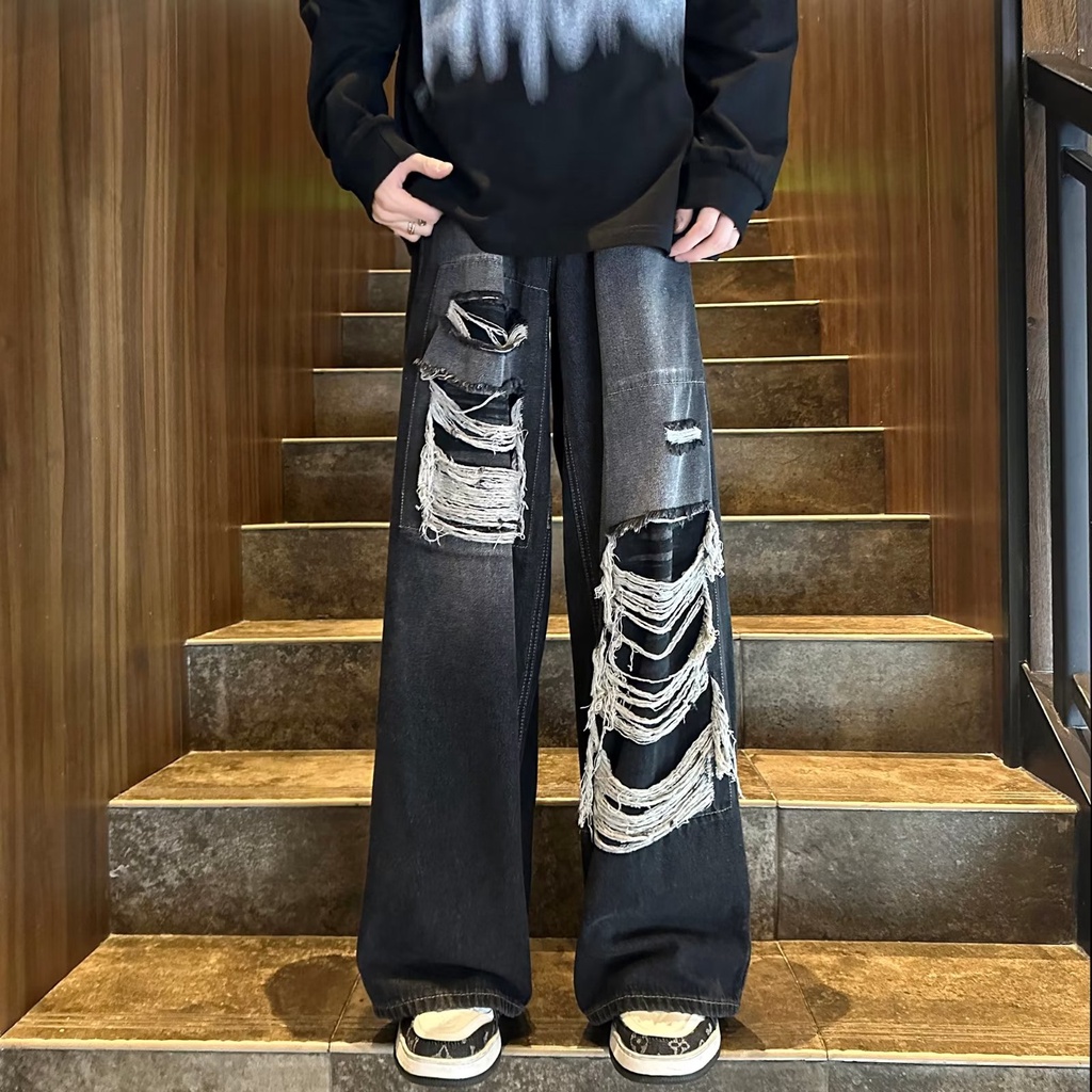 Quần Jean Dài Ống Rộng Rách Gối Phong Cách Retro Đường Phố Mùa Hè Dành Cho Nam