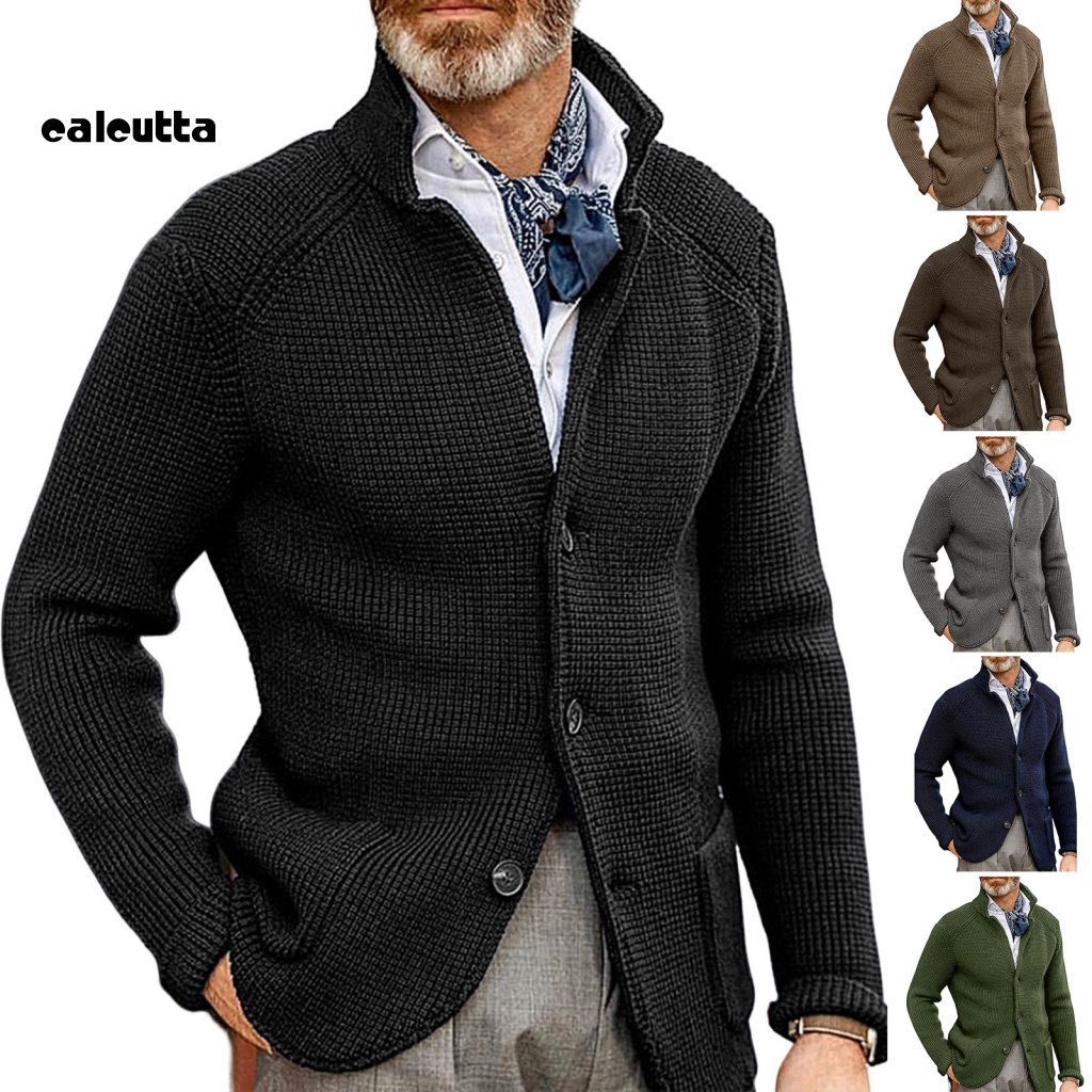 [calcutta] Áo Khoác Sweater Dệt Kim Dày Dặn Tay Dài Cổ Đứng Cài Nút Màu Trơn Thời Trang Thu Đông Cho Nam