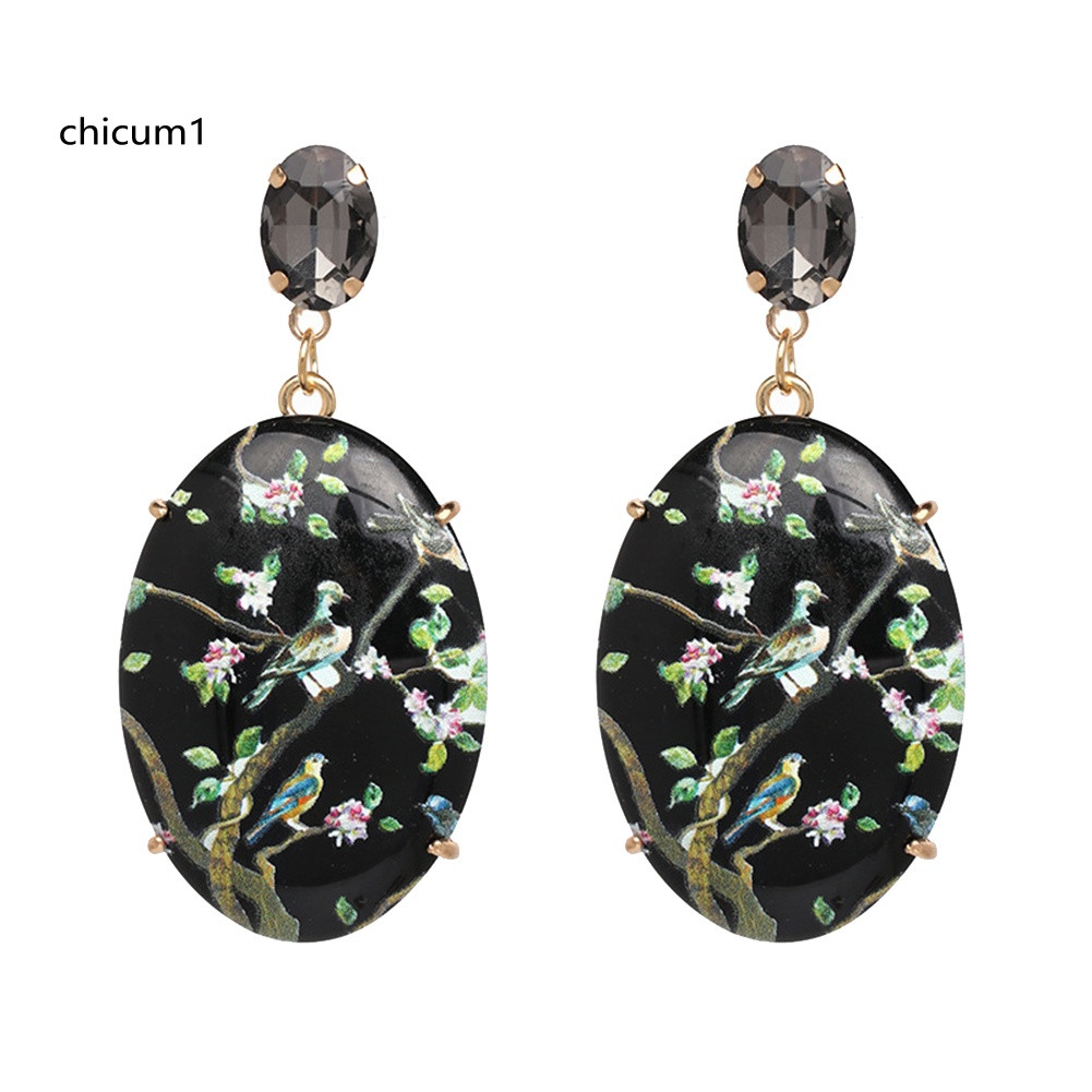 Khuyên Tai Hình Oval Họa Tiết Hoa Vẽ Tay Phong Cách Cổ Điển Cho Nữ