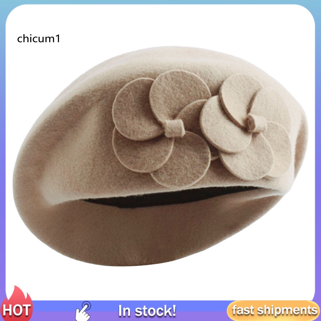 Mũ Beret CC Mềm Mại Màu Trơn Trang Trí Hoa Hai Lớp Thanh Lịch Giữ Ấm Mùa Thu Đông Kiểu Pháp Cho Nữ