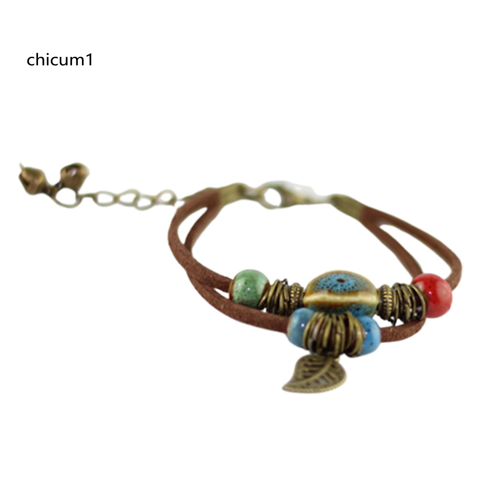 Vòng Tay Da Hai Lớp Đính Hạt Gốm Và Lá Phong Cách Bohemian