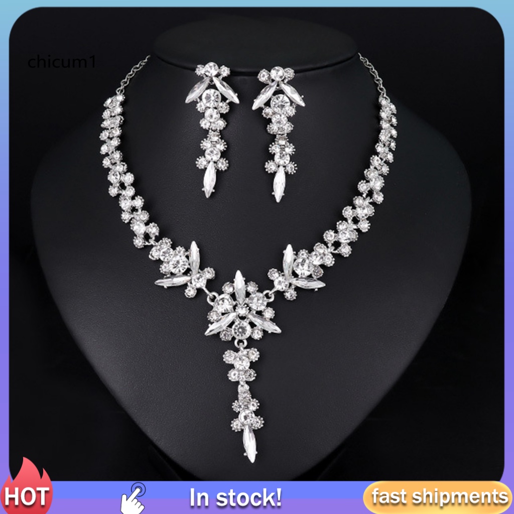 Set 1 Bộ Vòng cổ + Bông Tai Mạ Điện Đính Đá Hình Hoa Có Thể Điều Chỉnh Kích Thước Dành Cho Cô Dâu CC 1