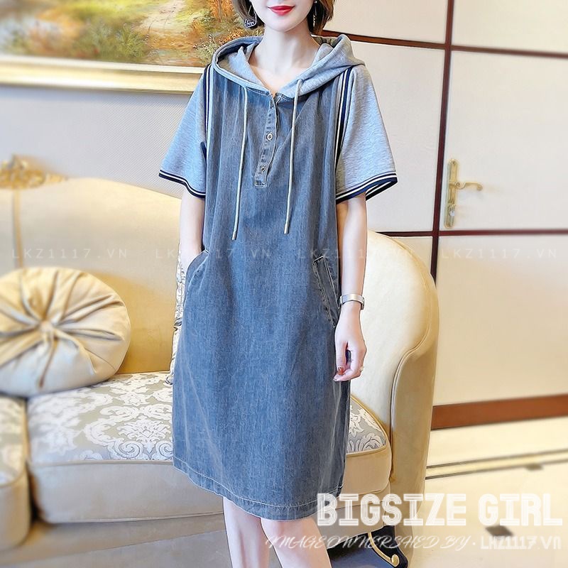 Váy đầm nữ Bigsize Đầm jean Denim dáng suông hoodie tay ngắn mùa hè Phong cách Hàn Quốc Thời Trang đẹp