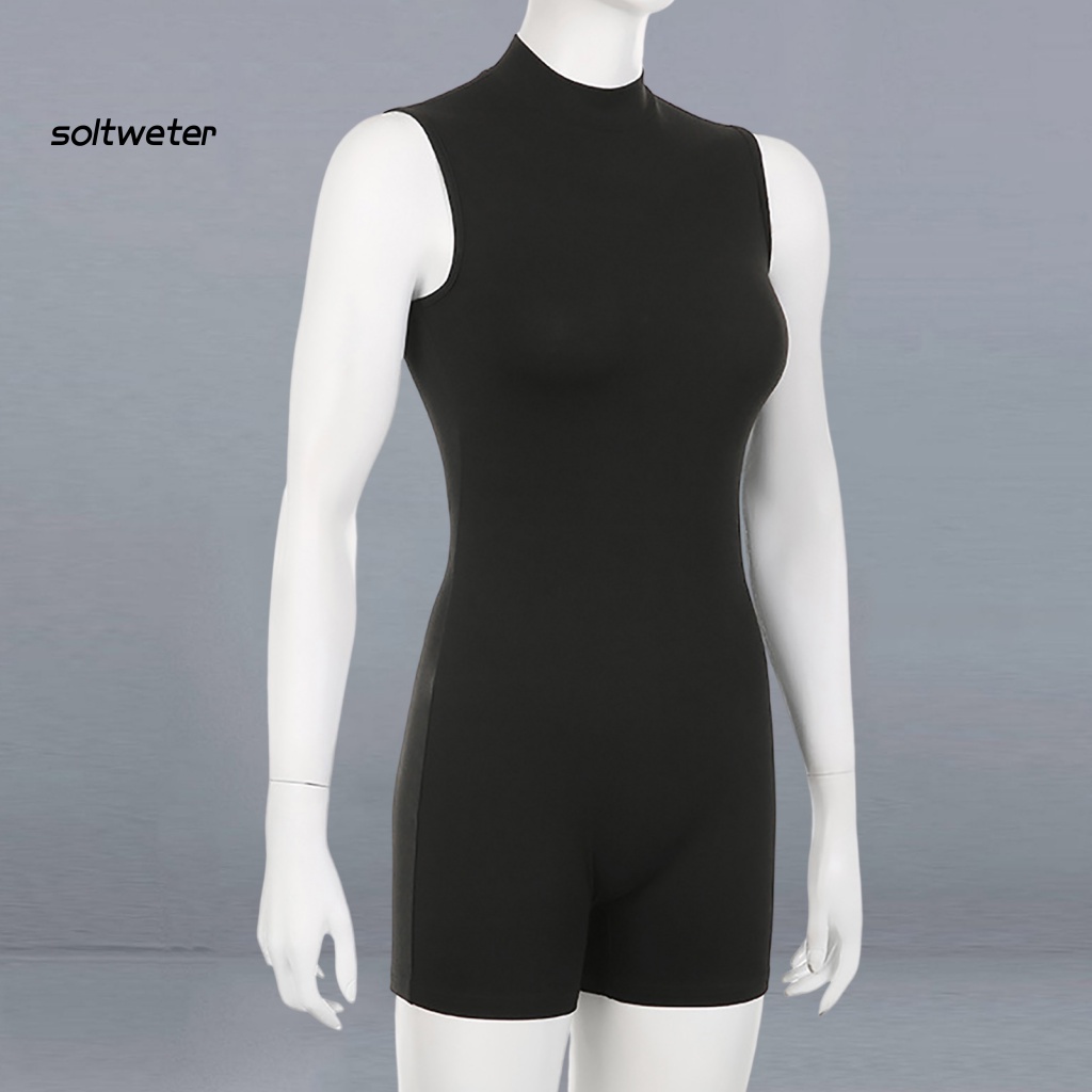 Bộ Áo Liền Quần Sát Nách Cổ Cao Dáng Ôm Có Khóa Kéo Sau Lưng Màu Trơn Co Giãn Tốt Thời Trang Cho Nữ