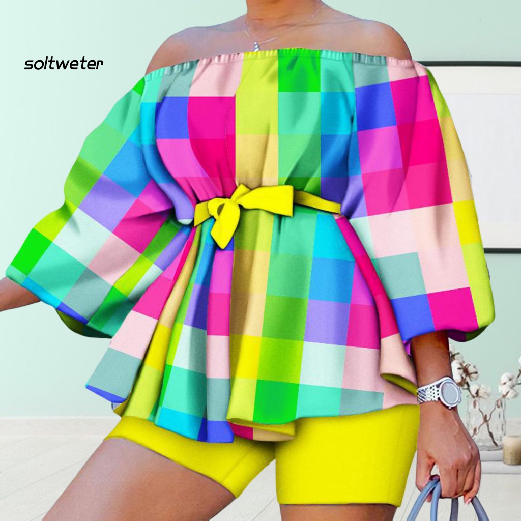 Set Đồ 2 Món Gồm Áo Trễ Vai Tay 3 / 4 Có Diềm Xếp Nếp Và Quần Ngắn Viền Bèo In Họa Tiết Cho Nữ