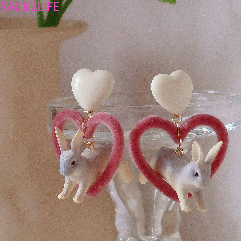 BACK2LIFE Bông Tai Ba Chiều Bằng Nhựa Resin Hình Thỏ Trắng Trái Tim Phong Cách Harajuku Dễ Thương Thời Trang Cho