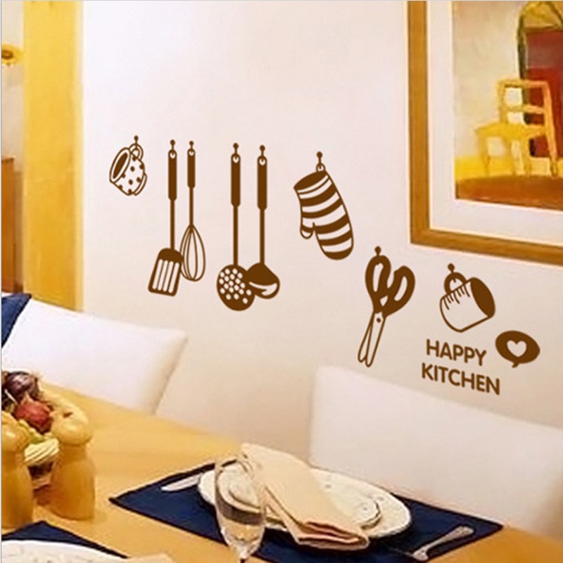 Miếng Dán Tường Vinyl In Chữ Happy Kitchen, Dễ Chùi Rửa
