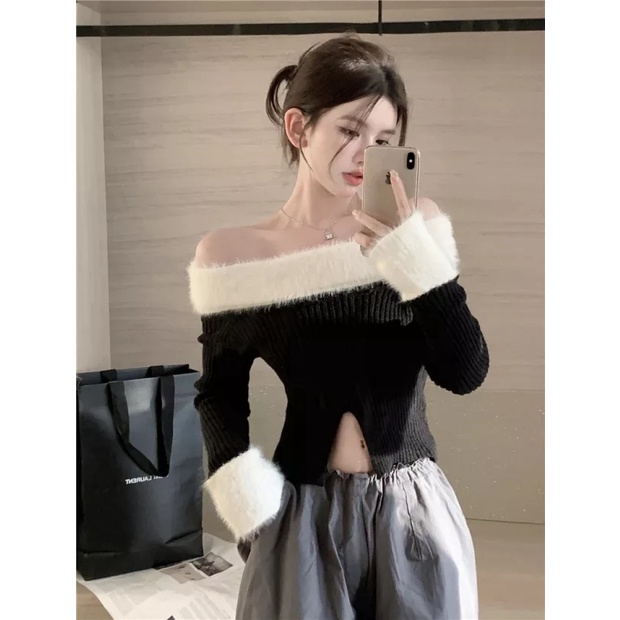 Áo Sweater Dệt Kim Tay Dài Trễ Vai Xẻ Tà Thời Trang Cho Nữ