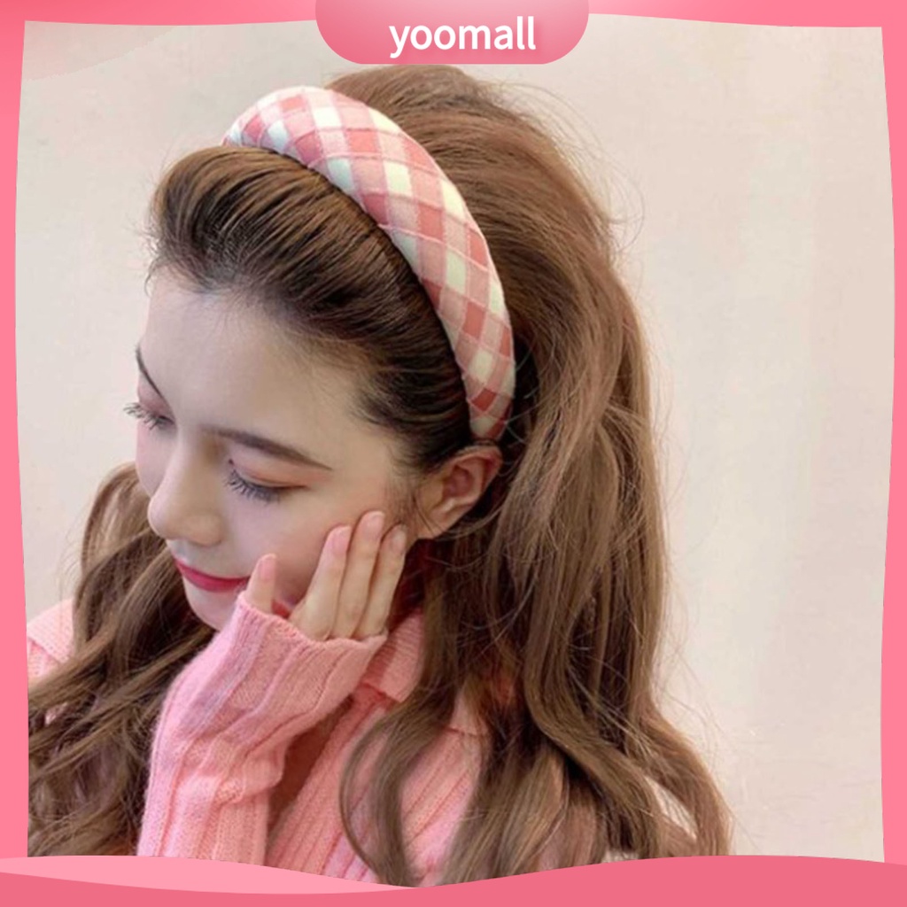 Băng Đô Cài Tóc Bản Rộng Chống Trượt In Họa Tiết Caro Dễ Thương Cho Nữ
