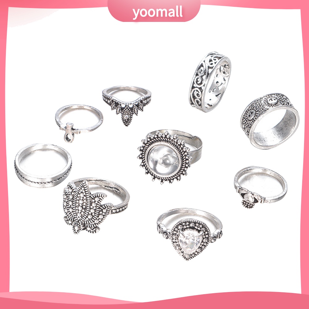 Bộ 9 Nhẫn Đeo Đốt Ngón Tay Đính Đá Phong Cách Retro Cho Nữ