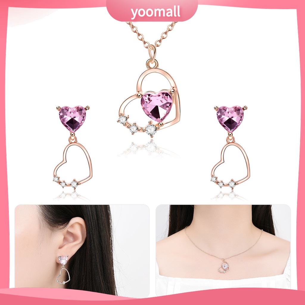 1 Bộ Vòng cổ + Bông Tai Đính Đá Hình Trái Tim Lấp Lánh Cho Nữ