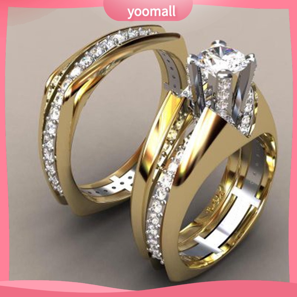 Set 2 Nhẫn Đính Hôn Đính Đá Zircon Hai Màu Sắc Lấp Lánh Dành Cho Nữ