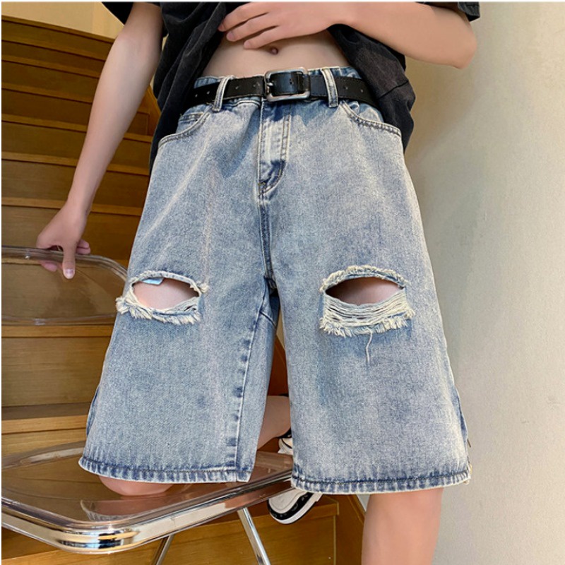 Quần Short Denim Dáng Rộng Rách Gối Phong Cách Đường Phố Mỹ Mùa Hè Cho Nam