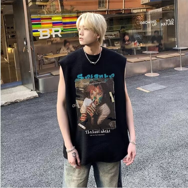 Áo Thun Sát Nách Dáng Rộng Cỡ Lớn Phong Cách Đường Phố Cá Tính Cho Nam