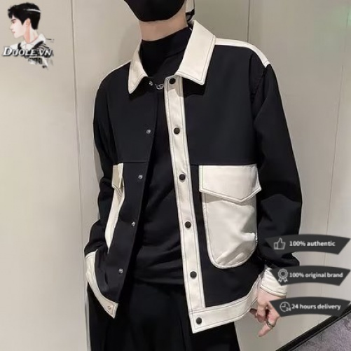 【2Colors】Áo khoác denim phối nhiều túi màu sắc khoác dạ nam Đàn ông Đơn giản Đánh vần màu chất lượng cao cảm giác kết cấu quần áo cao cấp chất lượng cao phong áo khoát nam đen cách harajuku cho nam áo khoác cổ trang