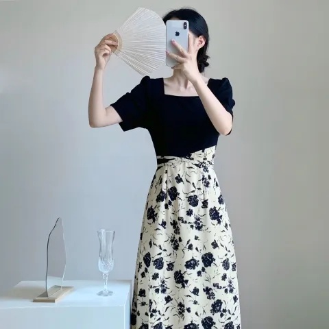 Đầm Midi Cổ Vuông Tay Ngắn In Họa Tiết Hoa Thời Trang Mùa Hè Kiểu Pháp Xinh Xắn Cho Nữ