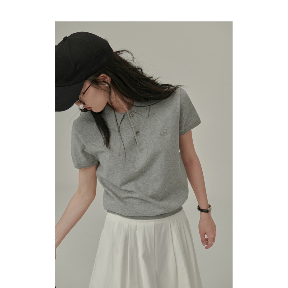 Áo polo Dệt Kim Tay Ngắn Kiểu Vintage Thiết Kế Đơn Giản Cho Nữ