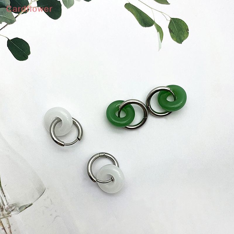 Khuyên Tai Tròn Bằng Thép Titan Đính Đá Ngọc Bích Phong Cách Vintage Mới