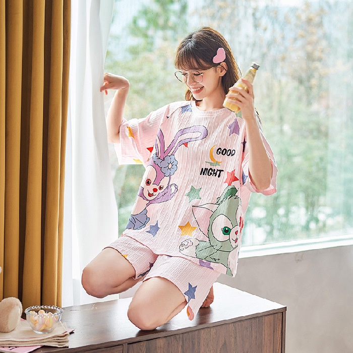 Bộ Đồ Mặc Ở Nhà Ngắn Tay Chất Liệu cotton in Hình Hoạt Hình Dành Cho Nữ