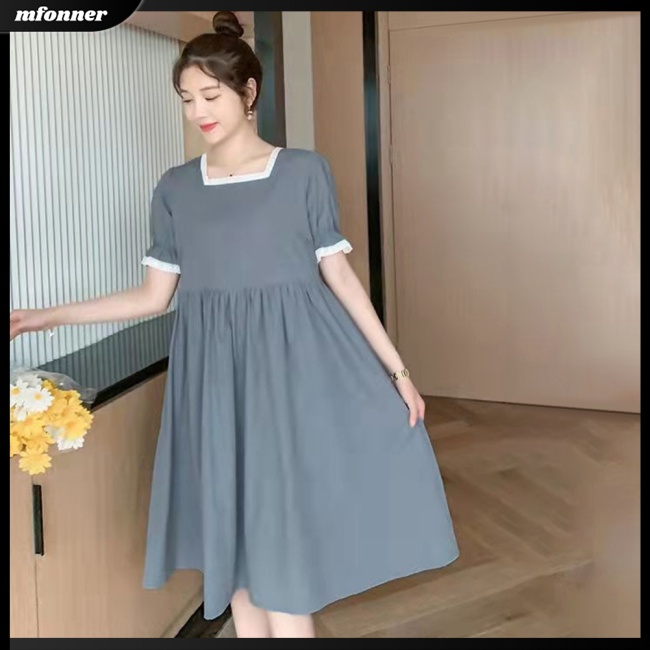 Đầm Midi Chữ A Tay Ngắn Cổ Vuông Dáng Rộng Màu Sắc Đơn Giản Thời Trang Mùa Hè Cho Nữ