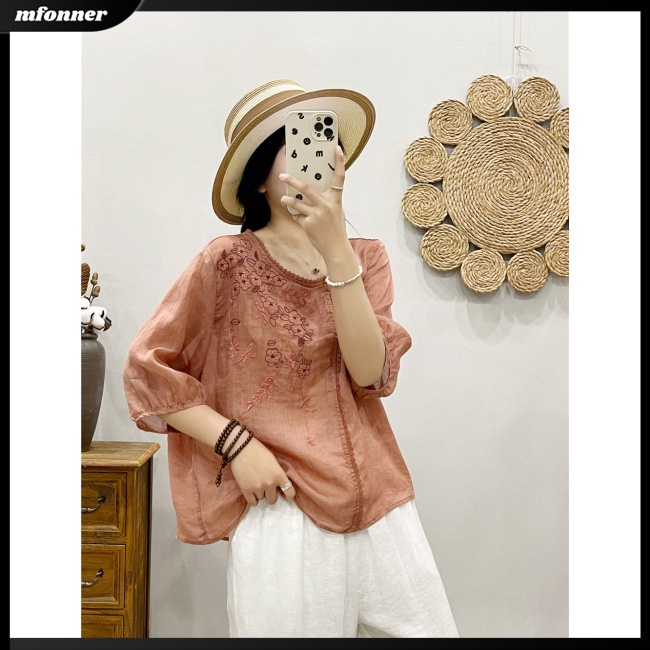 Áo Sơ Mi Cotton Lanh Mỏng Dáng Rộng Tay Ngắn Cổ Tròn Thêu Họa Tiết Kiểu Retro Thời Trang Mùa Hè Cho Nữ