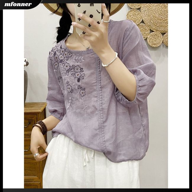 Áo Sơ Mi Cotton Lanh Mỏng Dáng Rộng Tay Ngắn Cổ Tròn Thêu Họa Tiết Kiểu Retro Thời Trang Mùa Hè Cho Nữ