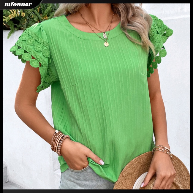 Áo Thun Nữ Tay Ngắn Cổ Tròn Phối Ren Màu Sắc Ngọt Ngào