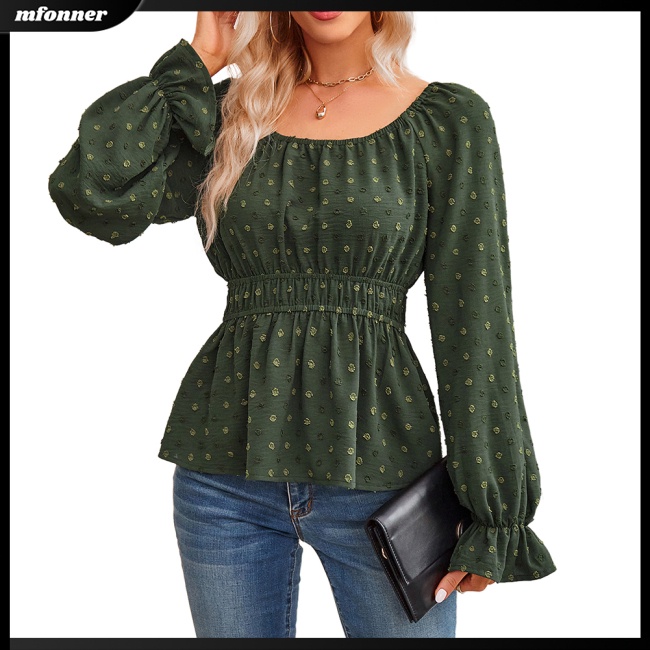 Áo Kiểu Tay Dài Cổ Tròn Phối Bèo Màu Trơn Thời Trang Thanh Lịch Cho Nữ