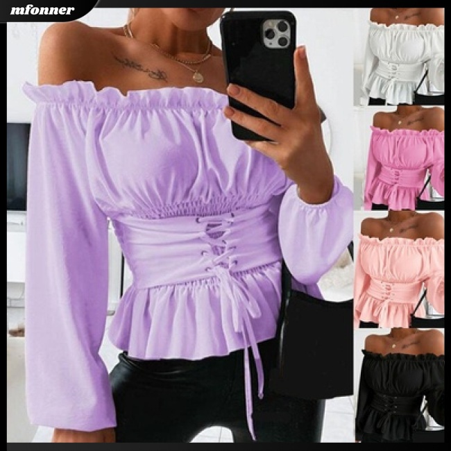 Áo Thun Trễ Vai Tay Dài Phối Bèo Màu Sắc Đơn Giản Cho Nữ