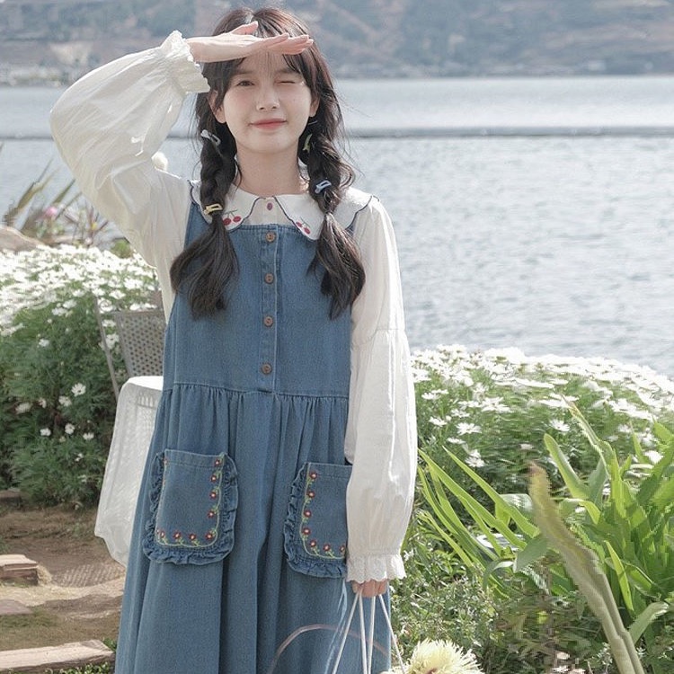 Set Đầm Yếm Denim Thêu Họa Tiết + Áo Sơ Mi Cổ Búp Bê Phong Cách Hàn Quốc Thời Trang Xuân Thu Cho Nữ