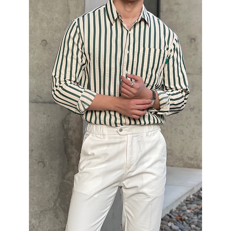 Áo Sơ Mi Dài Tay Dáng Rộng Họa Tiết Kẻ Sọc Phong Cách Hàn Quốc Thời Trang Xuân Thu Cao Cấp Cho Nam