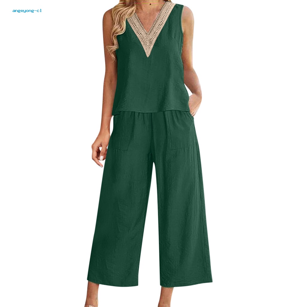 Bộ Áo Cổ Chữ V Không Tay Phối Ren + Quần Dài Thoải Mái Thời Trang Mùa Hè Cho Nữ