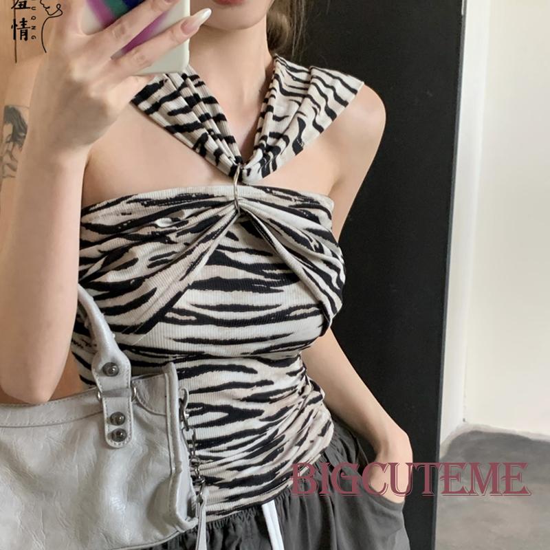 [] Áo Crop Top Không Tay In Họa Tiết Ngựa Vằn Thời Trang Mùa Hè Dành Cho Nữ