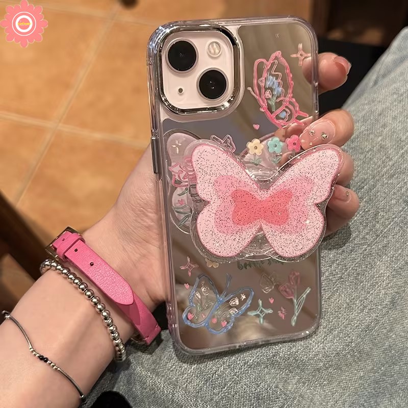 Ốp Điện Thoại Acrylic Mạ Gương Họa Tiết Bướm Hoạt Hình Thời Trang Cho IPhone 11 14 13 12 Pro Max 11Pro 14Pro Max Giá Đỡ