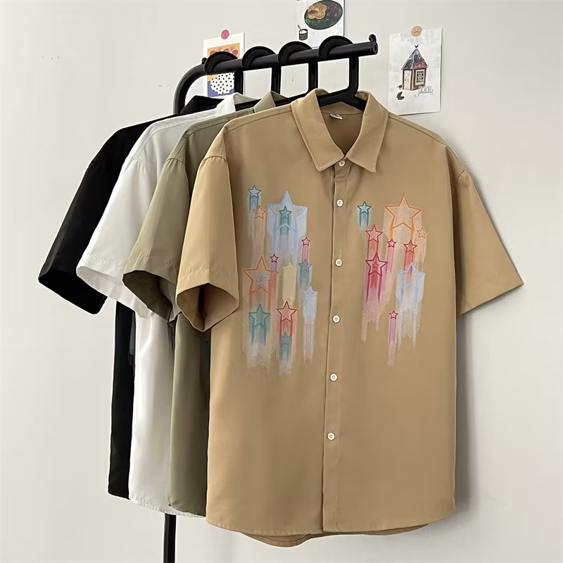 Áo Sơ Mi Ngắn Tay Cổ Đứng Họa Tiết Ngôi Sao Năm Cánh Phong Cách Đường Phố Mỹ Thời Trang Mùa Hè Cho Nam