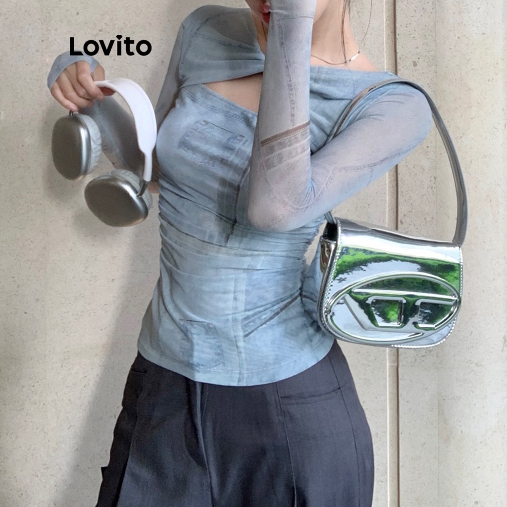 Lovito Áo thun Cut Out buộc dây thông thường cho nữ LNE15083 (Xanh nhạt)