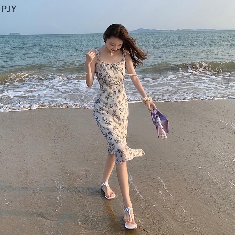 Đầm Midi Hai Dây Không Tay In Hoa Thời Trang Mùa Hè PJ