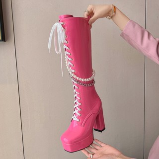 Giày bốt martin cao gót da bóng dày dặn chống thấm nước size 34-43 thời trang 2023 cho nữ đen