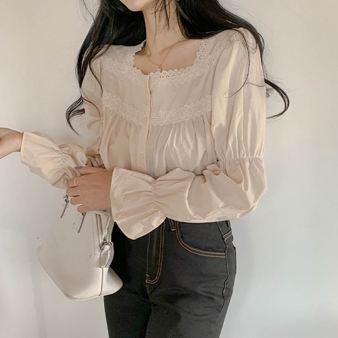 Áo Ren Cổ Vuông Tay Dài Thời Trang Cho Nữ