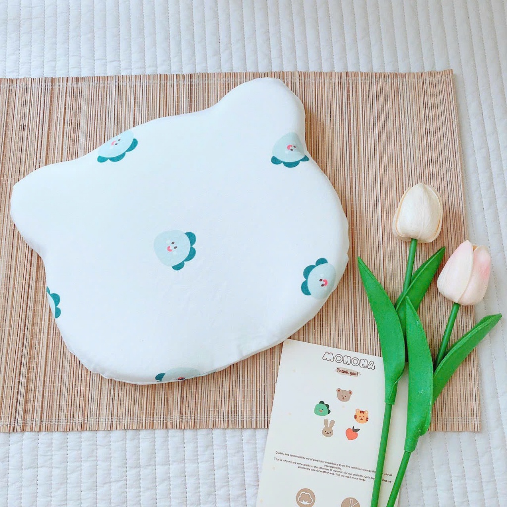 Gối LÕM cao su non CSN02 HÌNH GẤU Monona dành cho bé từ sơ sinh cotton co giãn 4 chiều giúp bé chống bẹp đầu 2024