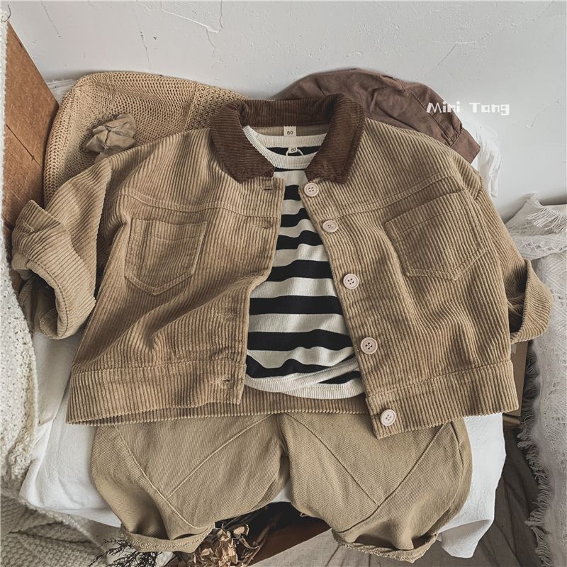 Áo Khoác Nhung Kẻ Dáng Rộng Màu Sắc Tương Phản Thời Trang Dành Cho Bé Gái